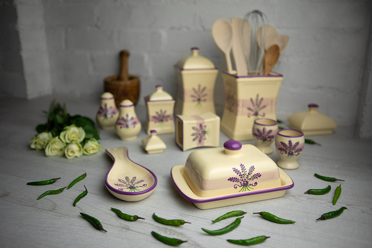 Lavender Pattern Purple And Cream Handmade Hand Painted Ceramic Kitchen Serving Storage Set of 10