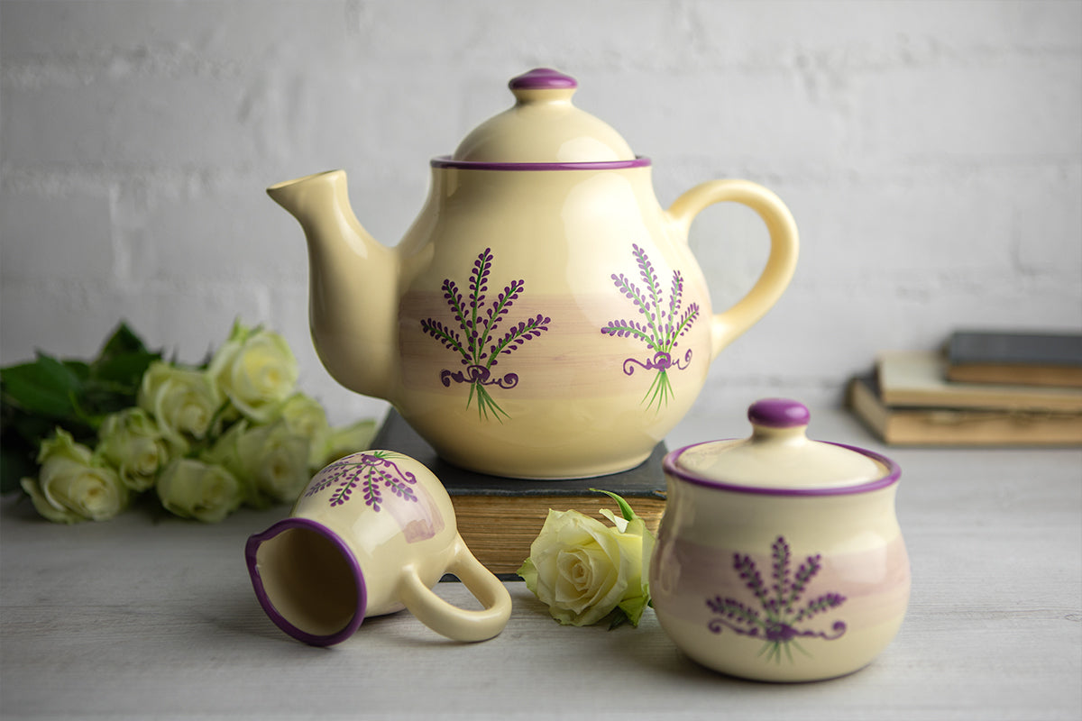 Lavender Pattern Purple And Cream Handmade Hand Painted Ceramic Large Teapot Milk Jug Sugar Bowl Set