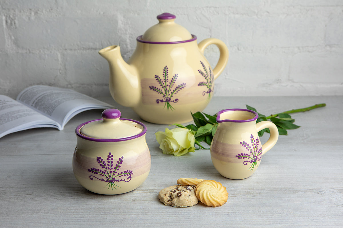 Lavender Pattern Purple And Cream Handmade Hand Painted Ceramic Large Teapot Milk Jug Sugar Bowl Set