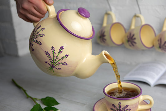 Lavender Pattern Purple And Cream Large Handmade Hand Painted Ceramic Teapot with Handle 60 oz / 1.7 l