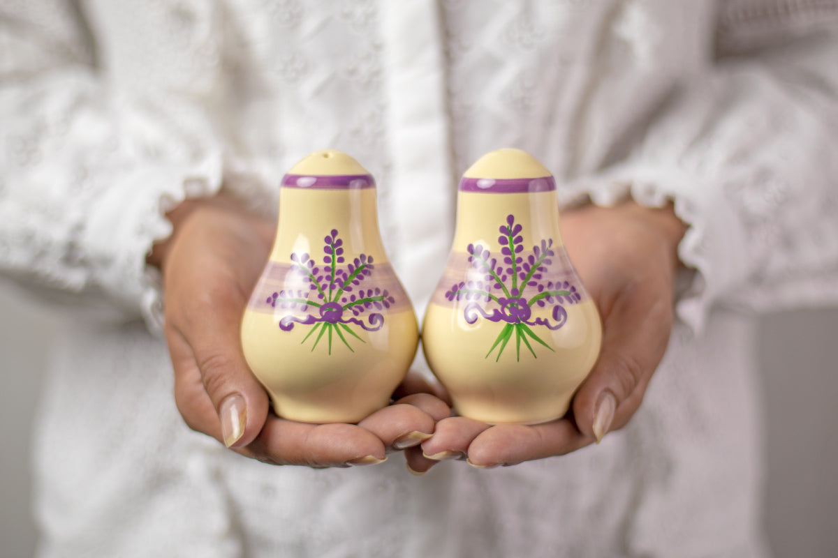 Lavender Pattern Purple And Cream Handmade Hand Painted Ceramic Salt and Pepper Shaker Pot
