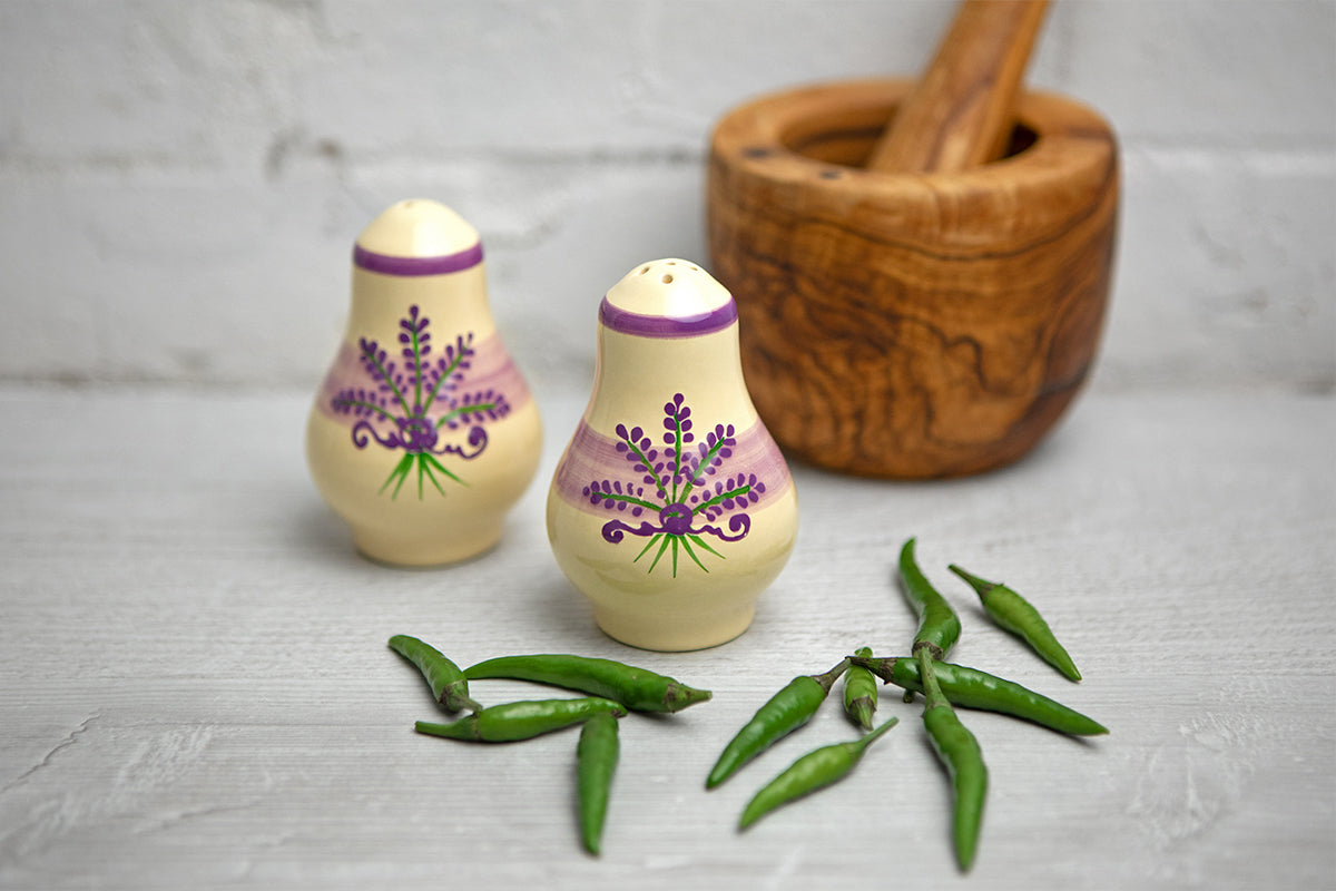 Lavender Pattern Purple And Cream Handmade Hand Painted Ceramic Salt and Pepper Shaker Pot
