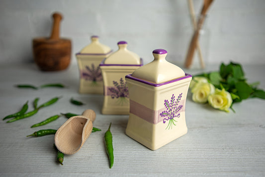 Lavender Floral Purple and Cream Pottery Handmade Hand Painted Small Ceramic Kitchen Herb Spice Jars Canister Set - Same Size Jars
