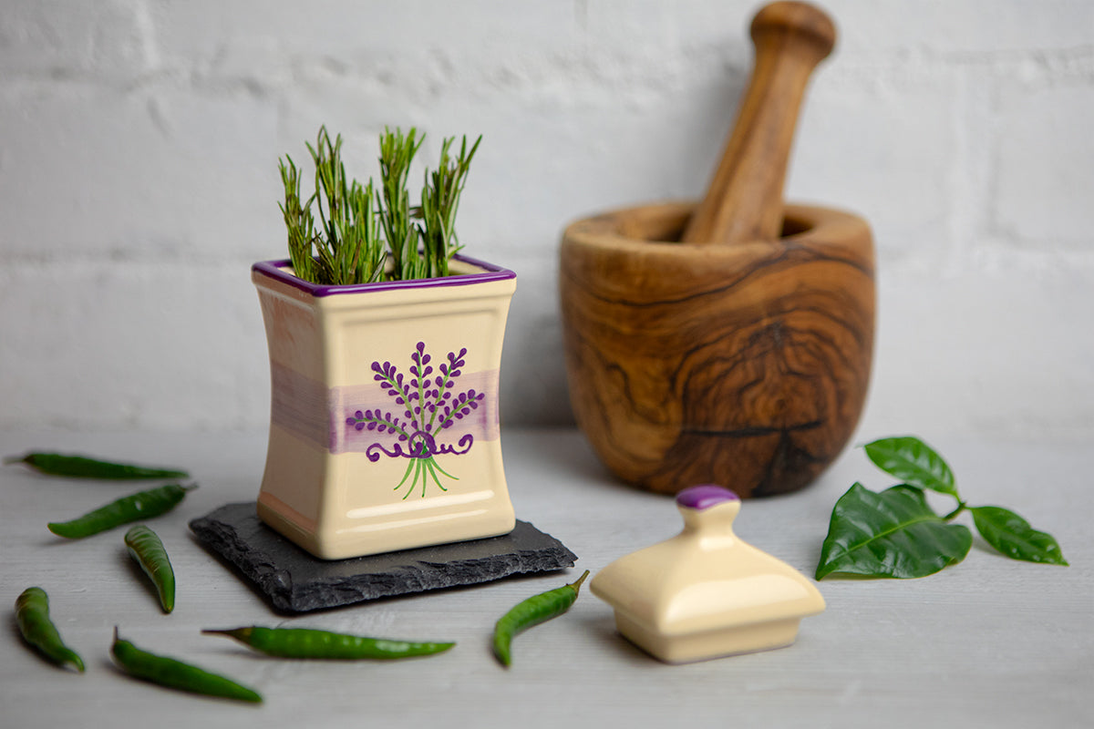 Lavender Floral Purple and Cream Pottery Handmade Hand Painted Small Ceramic Kitchen Herb Spice Jars Canister Set - Same Size Jars