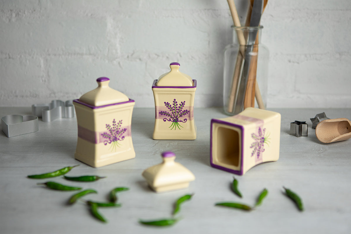 Lavender Floral Purple and Cream Pottery Handmade Hand Painted Small Ceramic Kitchen Herb Spice Jars Canister Set - Same Size Jars