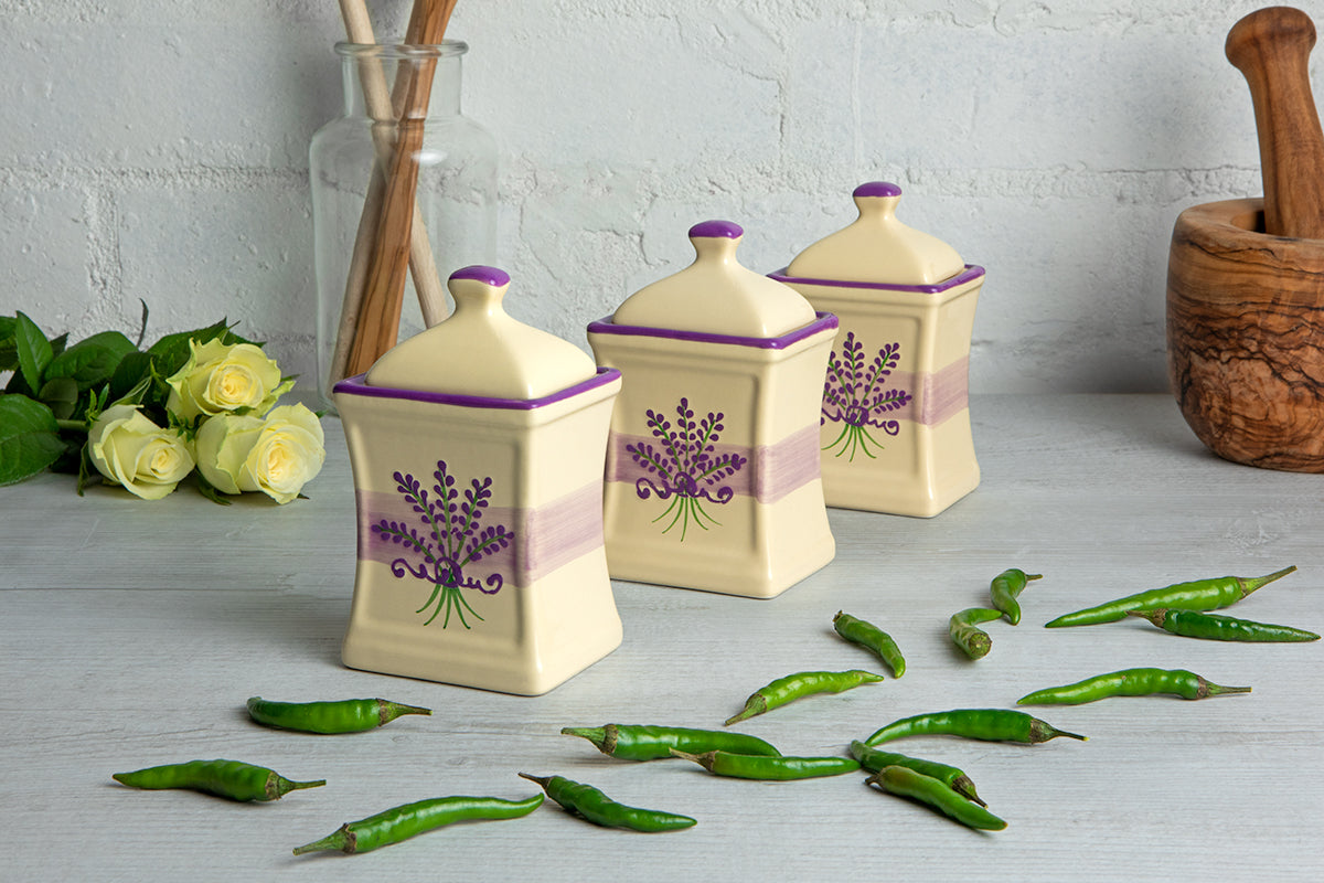 Lavender Floral Purple and Cream Pottery Handmade Hand Painted Small Ceramic Kitchen Herb Spice Jars Canister Set - Same Size Jars