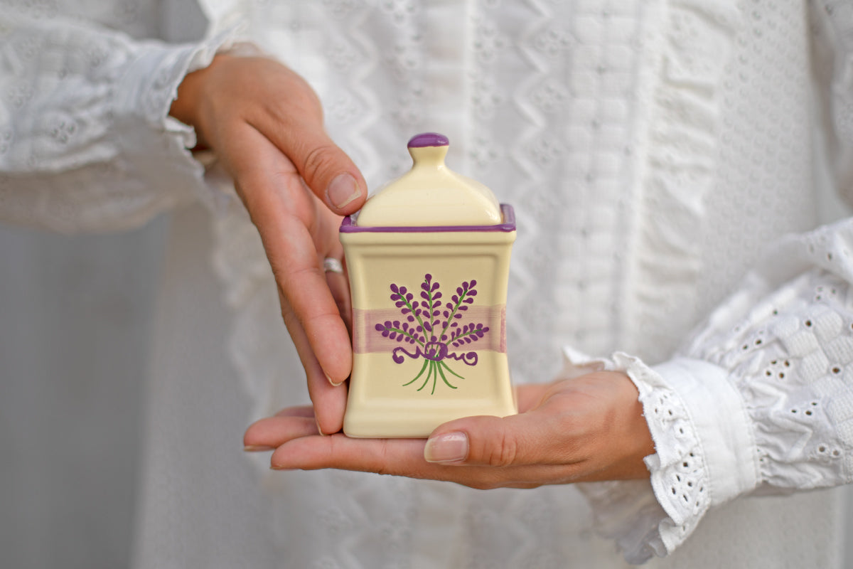 Lavender Floral Purple and Cream Pottery Handmade Hand Painted Small Ceramic Kitchen Herb Spice Jars Canister Set - Same Size Jars