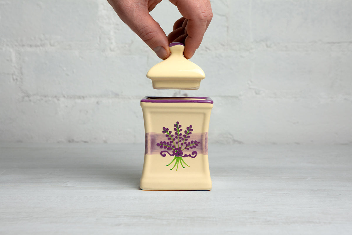 Lavender Floral Purple and Cream Pottery Handmade Hand Painted Small Ceramic Kitchen Herb Spice Jars Canister Set - Same Size Jars