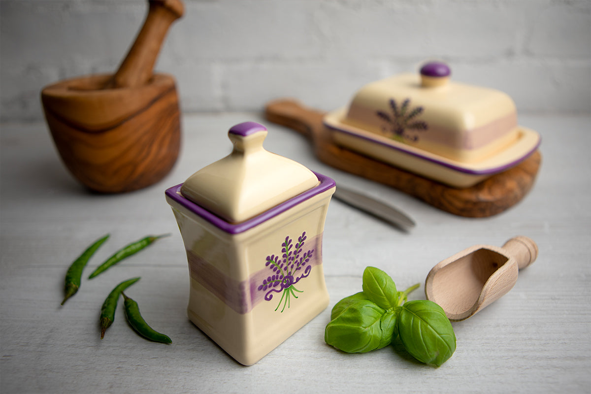 Lavender Floral Purple and Cream Pottery Handmade Hand Painted Small Ceramic Kitchen Herb Spice Jars Canister Set - Same Size Jars