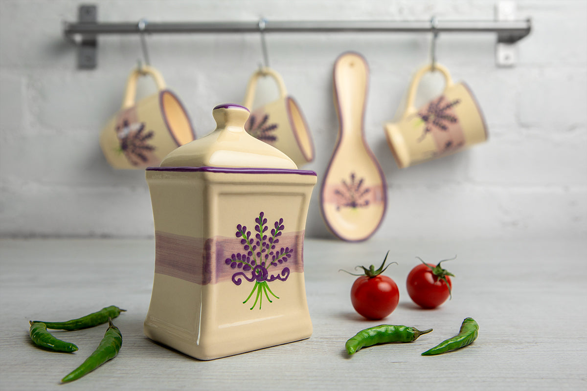 Lavender Floral Purple and Cream Pottery Handmade Hand Painted Small Ceramic Kitchen Herb Spice Jars Canister Set - Same Size Jars
