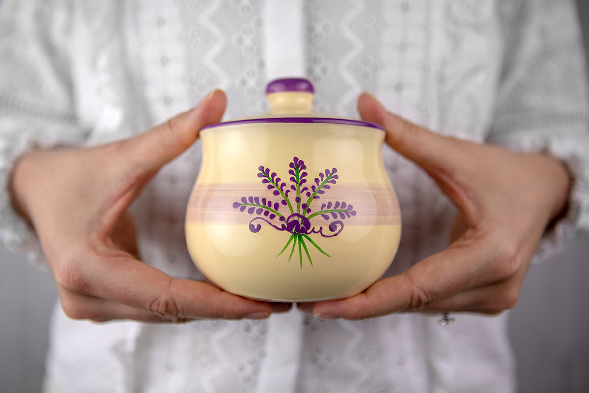 City to Cottage Ceramic Sugar Bowl with Lid, 10oz Sugar Contanier for Coffee Bar, Sugar Dispenser Bowl, Salt - Condiment Pot for Kitchen Counter, Handcrafted Cream Lavender Floral Sugar Jar