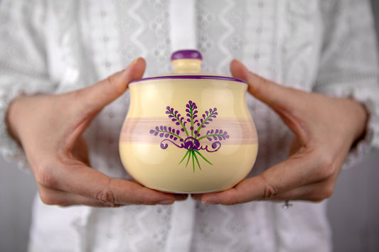 City to Cottage Ceramic Sugar Bowl with Lid, 10oz Sugar Contanier for Coffee Bar, Sugar Dispenser Bowl, Salt - Condiment Pot for Kitchen Counter, Handcrafted Cream Lavender Floral Sugar Jar