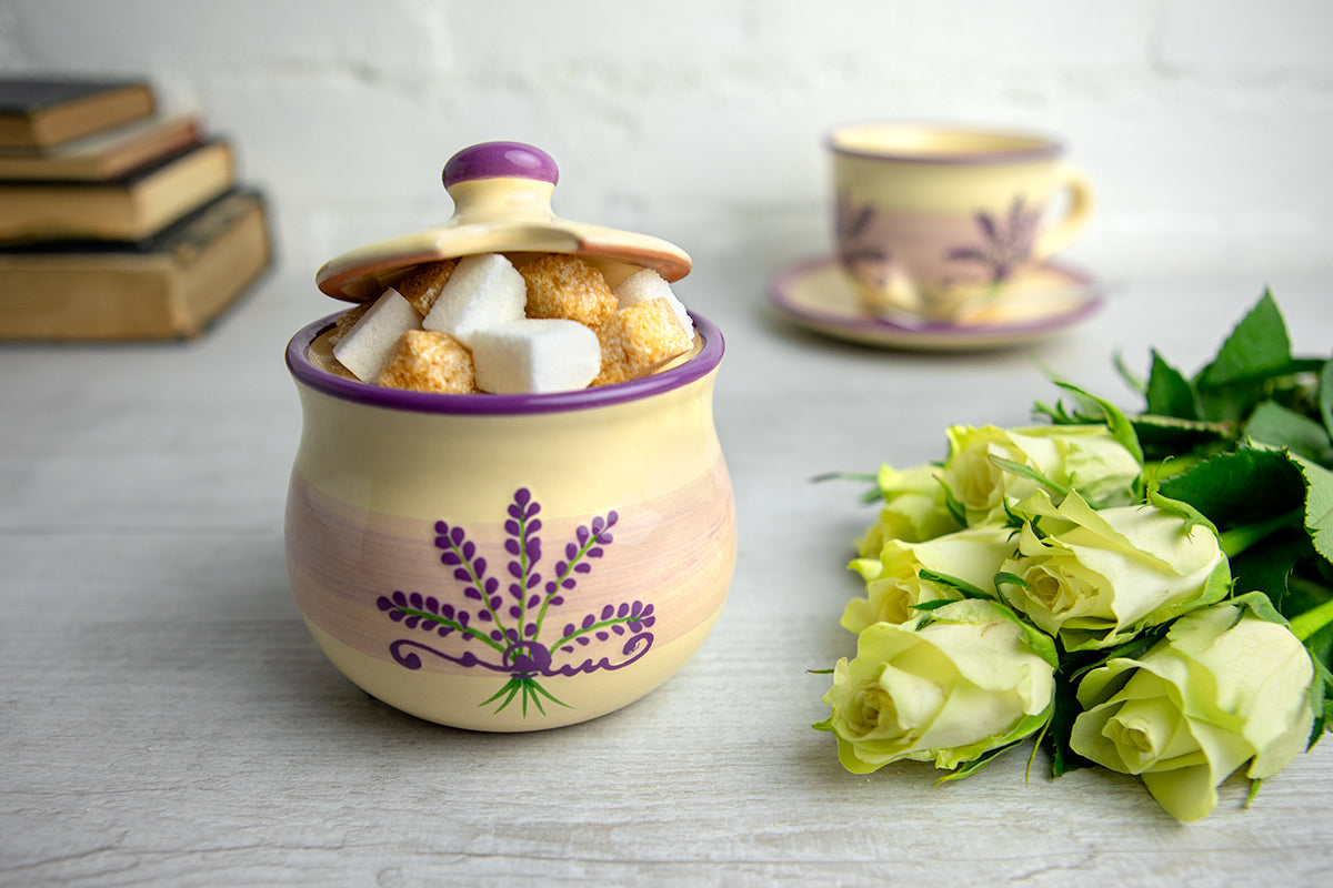 City to Cottage Ceramic Sugar Bowl with Lid, 10oz Sugar Contanier for Coffee Bar, Sugar Dispenser Bowl, Salt - Condiment Pot for Kitchen Counter, Handcrafted Cream Lavender Floral Sugar Jar