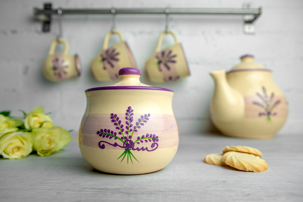 City to Cottage Ceramic Sugar Bowl with Lid, 10oz Sugar Contanier for Coffee Bar, Sugar Dispenser Bowl, Salt - Condiment Pot for Kitchen Counter, Handcrafted Cream Lavender Floral Sugar Jar