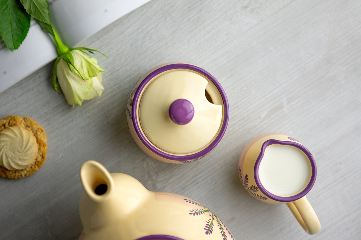 City to Cottage Ceramic Sugar Bowl with Lid, 10oz Sugar Contanier for Coffee Bar, Sugar Dispenser Bowl, Salt - Condiment Pot for Kitchen Counter, Handcrafted Cream Lavender Floral Sugar Jar