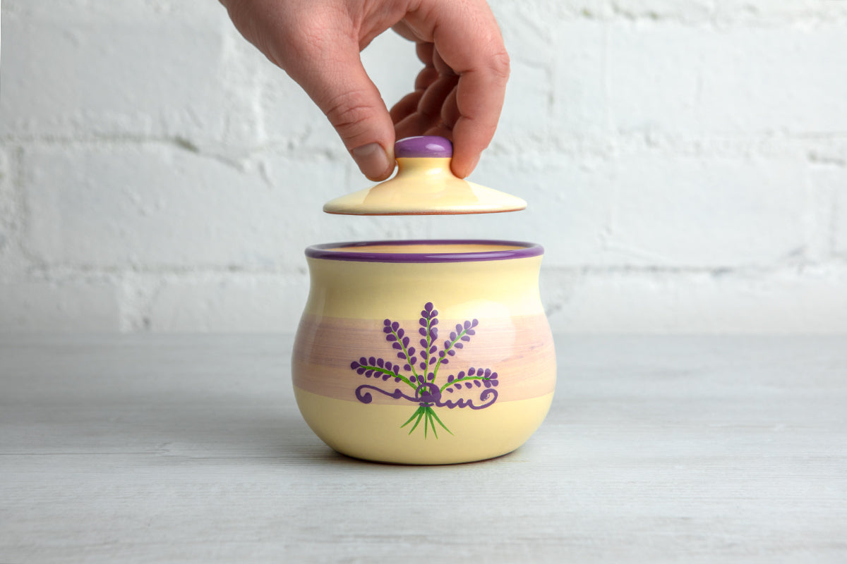 City to Cottage Ceramic Sugar Bowl with Lid, 10oz Sugar Contanier for Coffee Bar, Sugar Dispenser Bowl, Salt - Condiment Pot for Kitchen Counter, Handcrafted Cream Lavender Floral Sugar Jar