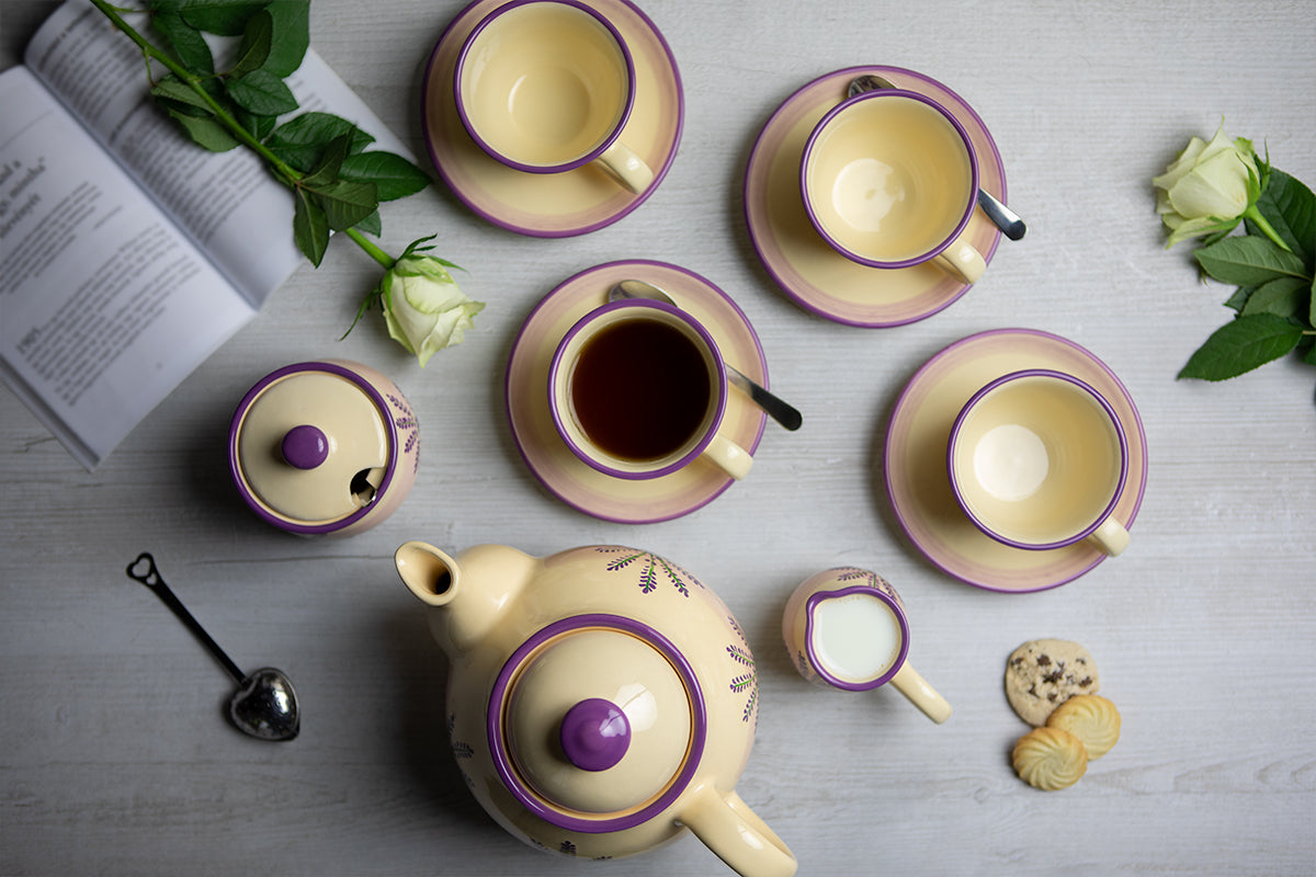 Lavender Pattern Purple And Cream Handmade Hand Painted Ceramic Large Teapot Milk Jug Sugar Bowl Set With 4 Cups and Saucers