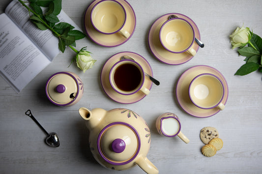Lavender Pattern Purple And Cream Handmade Hand Painted Ceramic Large Teapot Milk Jug Sugar Bowl Set With 4 Cups and Saucers