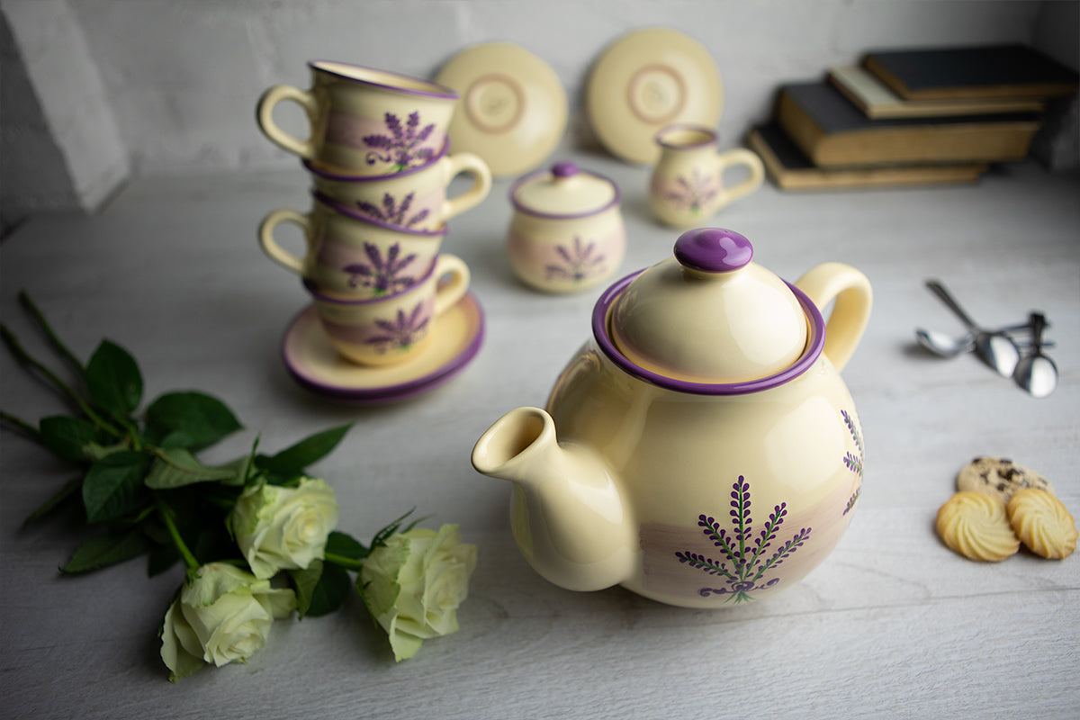 Lavender Pattern Purple And Cream Handmade Hand Painted Ceramic Large Teapot Milk Jug Sugar Bowl Set With 4 Cups and Saucers