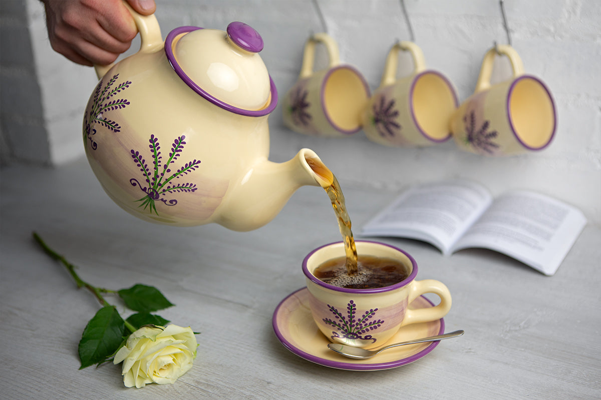 Lavender Pattern Purple And Cream Handmade Hand Painted Ceramic Large Teapot Milk Jug Sugar Bowl Set With 4 Cups and Saucers