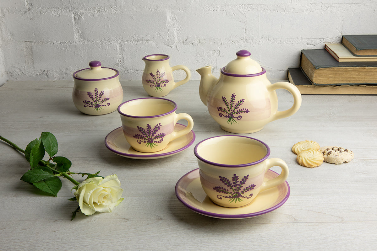 Lavender Floral Purple and Cream Pottery Handmade Hand Painted Ceramic Teapot Milk Jug Sugar Bowl Set With Two Cups and Saucers