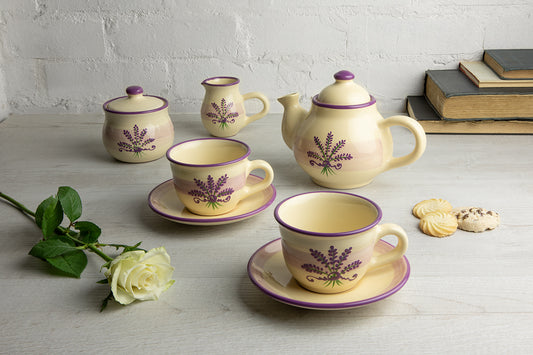 Lavender Floral Purple and Cream Pottery Handmade Hand Painted Ceramic Teapot Milk Jug Sugar Bowl Set With Two Cups and Saucers