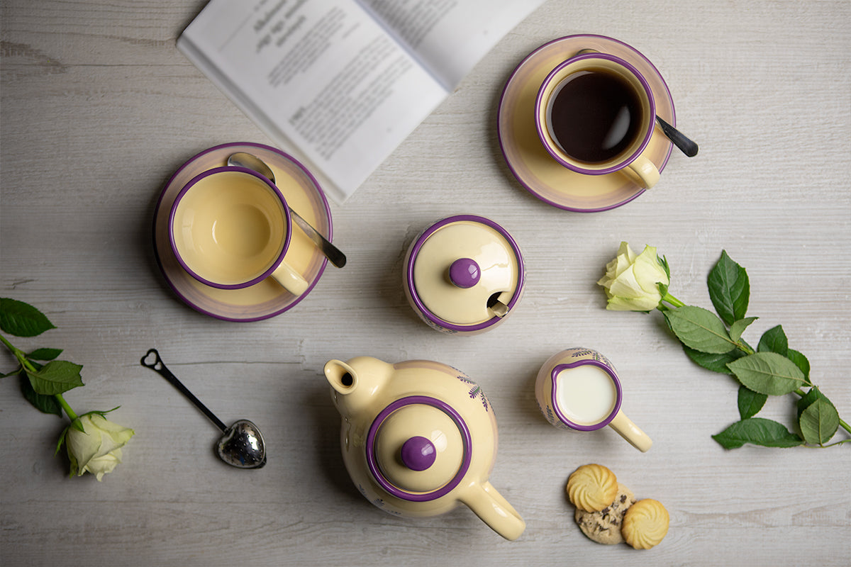 Lavender Floral Purple and Cream Pottery Handmade Hand Painted Ceramic Teapot Milk Jug Sugar Bowl Set With Two Cups and Saucers