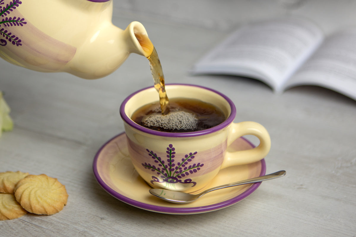 Lavender Floral Purple and Cream Pottery Handmade Hand Painted Ceramic Teapot Milk Jug Sugar Bowl Set With Two Cups and Saucers