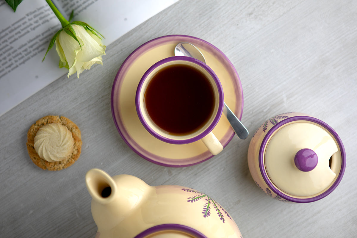 Lavender Floral Purple and Cream Pottery Handmade Hand Painted Ceramic Teapot Milk Jug Sugar Bowl Set With Two Cups and Saucers