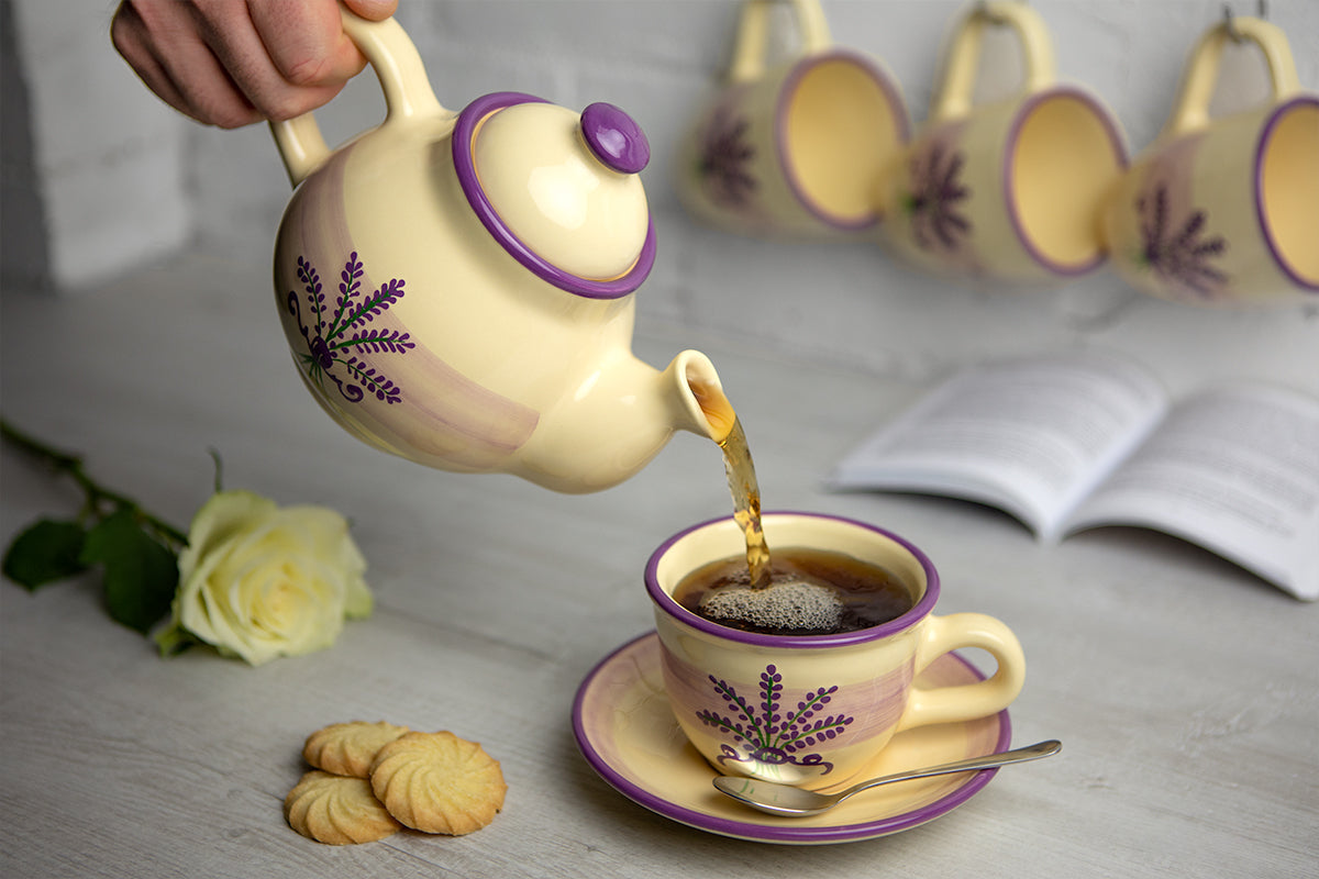 Lavender Floral Purple and Cream Pottery Handmade Hand Painted Ceramic Teapot Milk Jug Sugar Bowl Set With Two Cups and Saucers