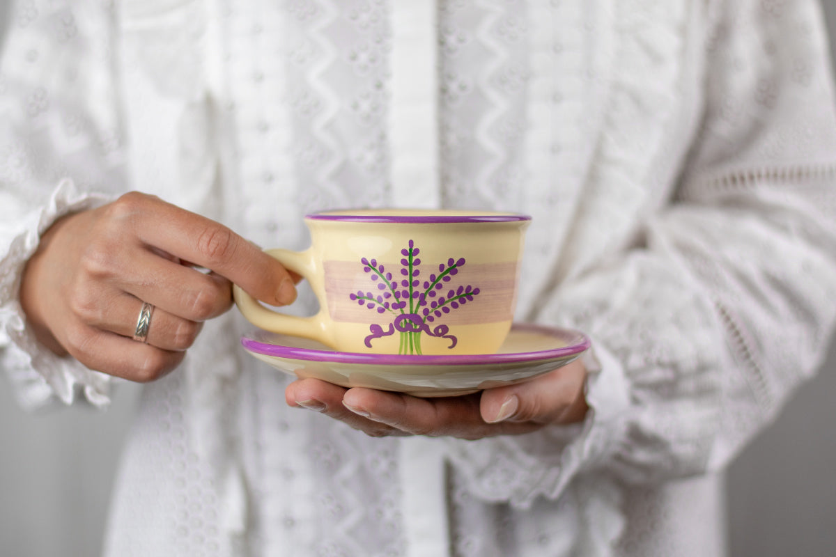 Lavender Pattern Purple And Cream Designer Handmade Hand Painted Ceramic 9oz-250ml Cappuccino Coffee Tea Cup with Saucer