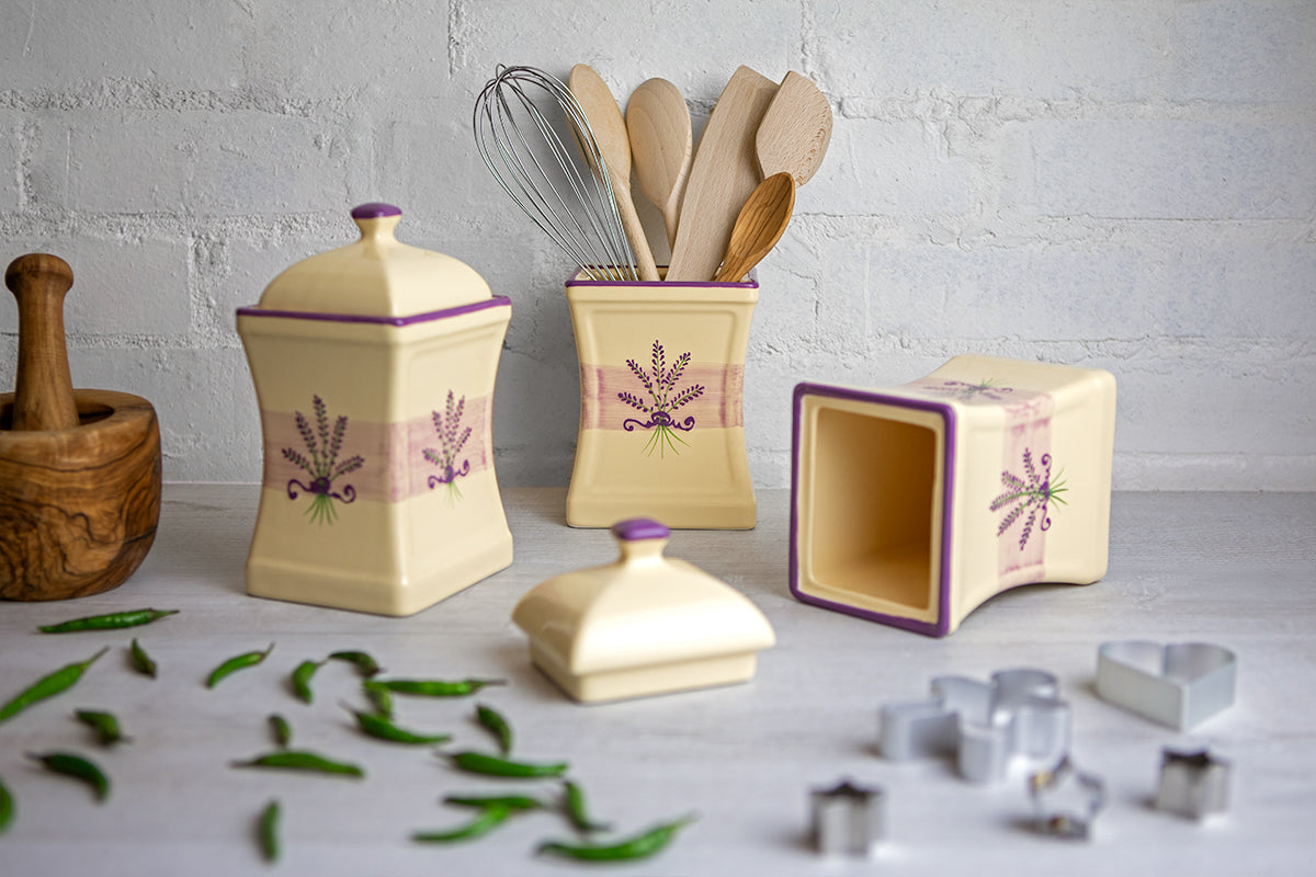 Lavender Floral Purple and White Pottery Handmade Hand Painted Large Ceramic Kitchen Storage Jar Set Canister Set - Same Size Jars