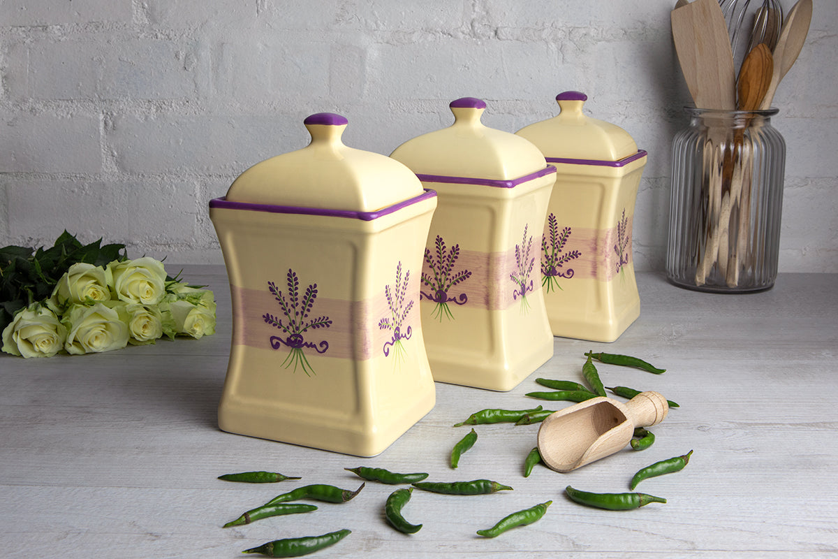 Lavender Floral Purple and White Pottery Handmade Hand Painted Large Ceramic Kitchen Storage Jar Set Canister Set - Same Size Jars