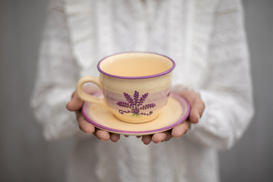 Lavender Pattern Purple And Cream Handmade Hand Painted Large Unique Ceramic 12oz-350ml Cappuccino Coffee Tea Cup with Saucer