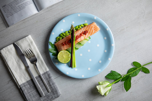 Light Sky Blue And White Polka Dot Spotty Handmade Hand Painted Glazed Ceramic Flat Dinner Plate