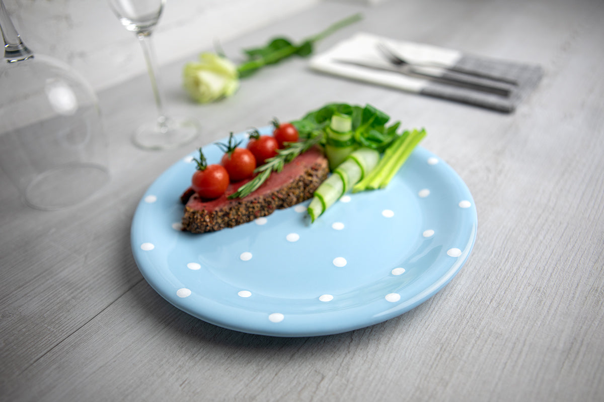 Light Sky Blue And White Polka Dot Spotty Handmade Hand Painted Glazed Ceramic Flat Dinner Plate