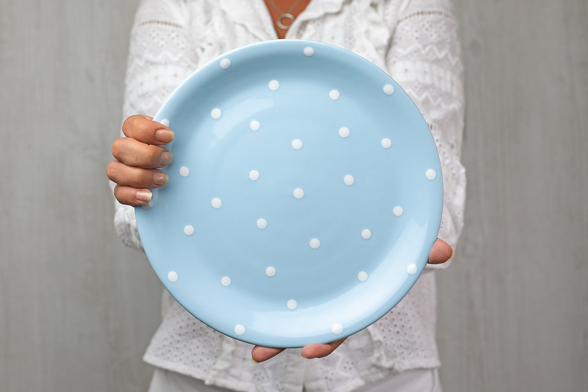 Light Sky Blue And White Polka Dot Spotty Handmade Hand Painted Glazed Ceramic Flat Dinner Plate