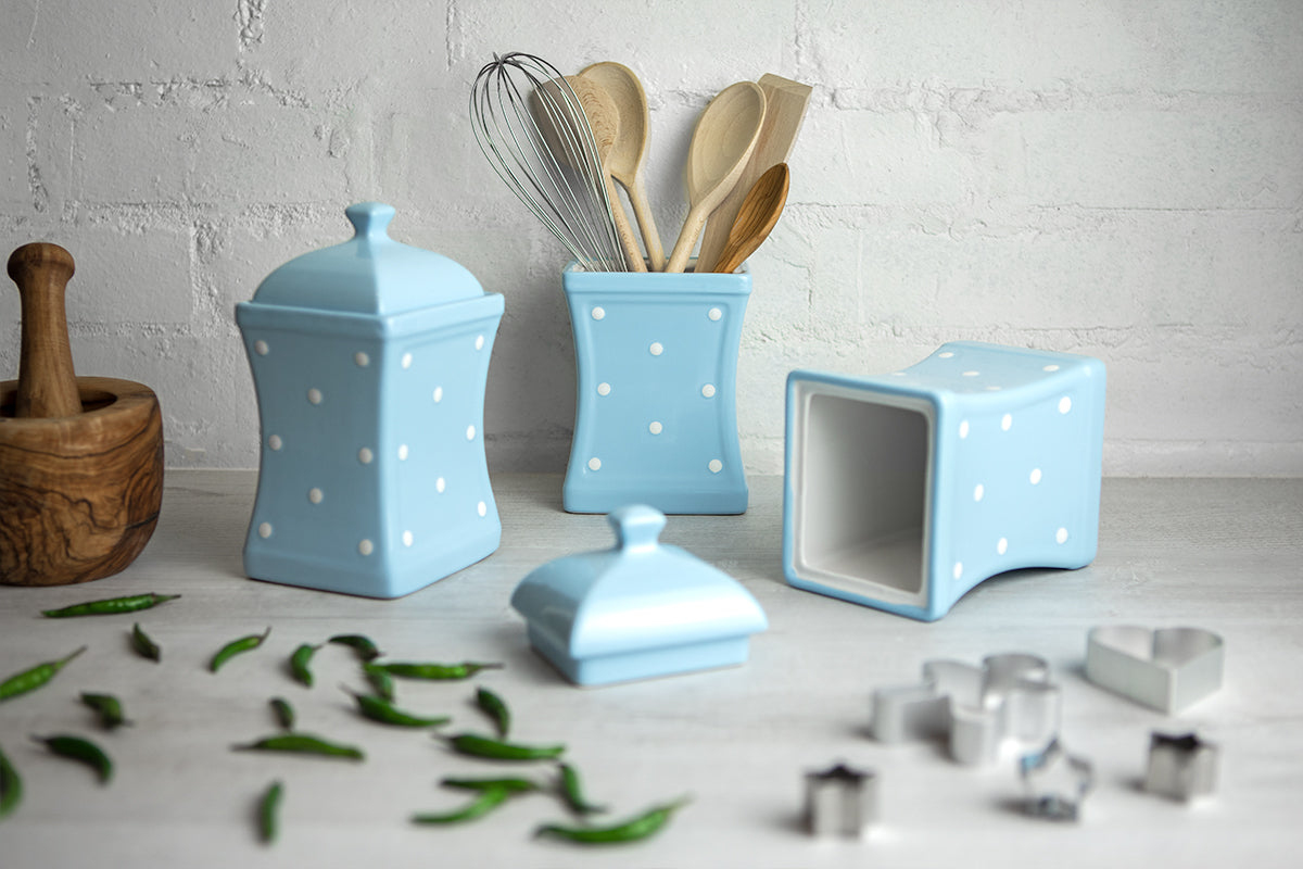 Light Sky Blue and White Polka Dot Pottery Handmade Hand Painted Large Ceramic Kitchen Storage Jar Set Canister Set - Same Size Jars