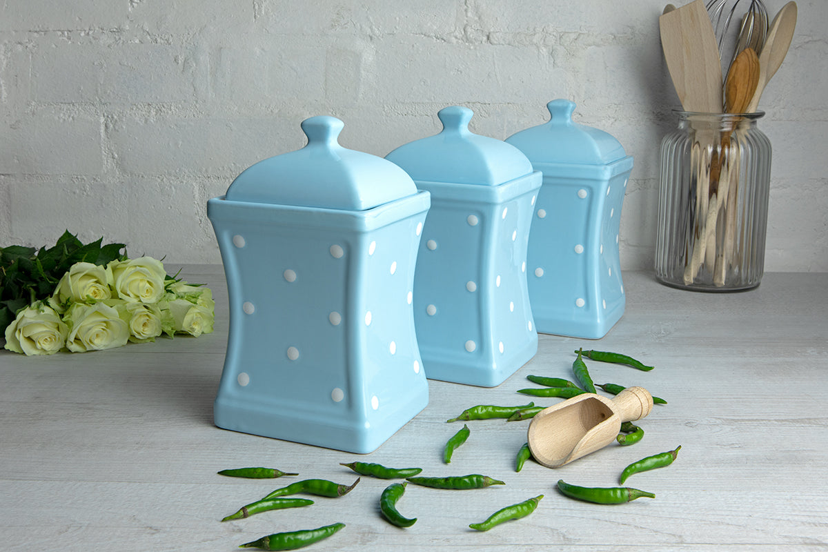 Light Sky Blue and White Polka Dot Pottery Handmade Hand Painted Large Ceramic Kitchen Storage Jar Set Canister Set - Same Size Jars