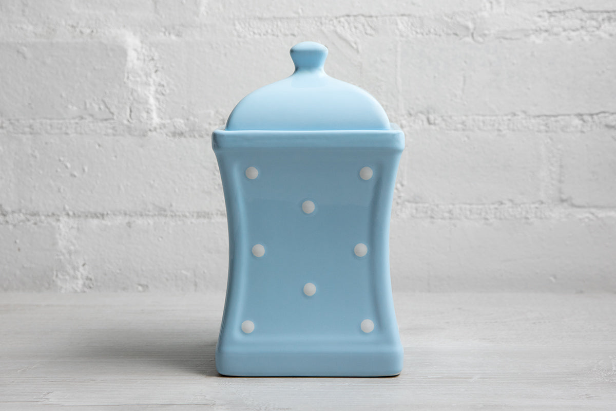 Light Sky Blue and White Polka Dot Pottery Handmade Hand Painted Large Ceramic Kitchen Storage Jar Set Canister Set - Same Size Jars