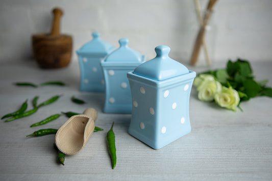 Light Sky Blue and White Polka Dot Pottery Handmade Hand Painted Small Ceramic Kitchen Herb Spice Jars Canister Set - Same Size Jars