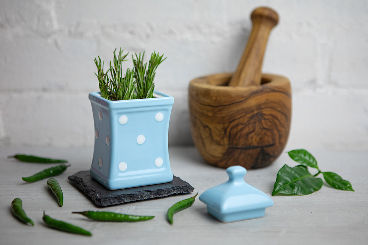 Light Sky Blue and White Polka Dot Pottery Handmade Hand Painted Small Ceramic Kitchen Herb Spice Jars Canister Set - Same Size Jars