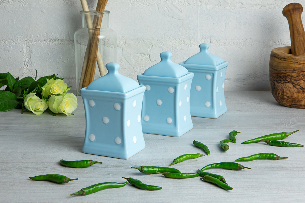 Light Sky Blue and White Polka Dot Pottery Handmade Hand Painted Small Ceramic Kitchen Herb Spice Jars Canister Set - Same Size Jars