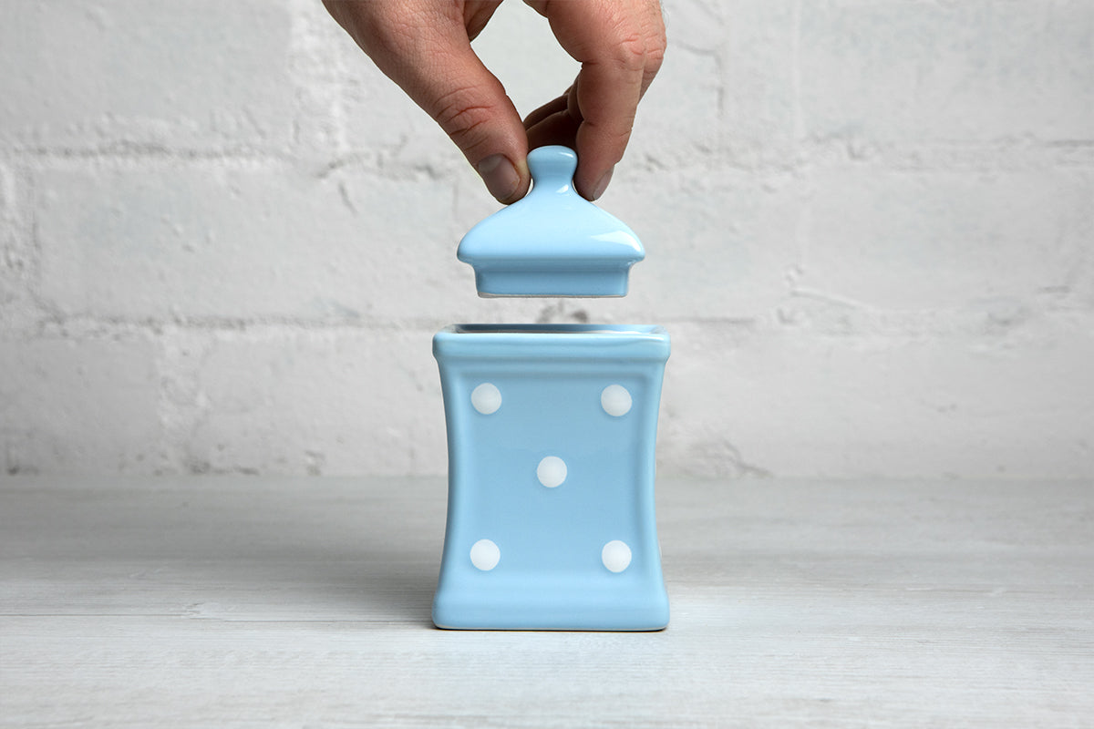 Light Sky Blue and White Polka Dot Pottery Handmade Hand Painted Small Ceramic Kitchen Herb Spice Jars Canister Set - Same Size Jars