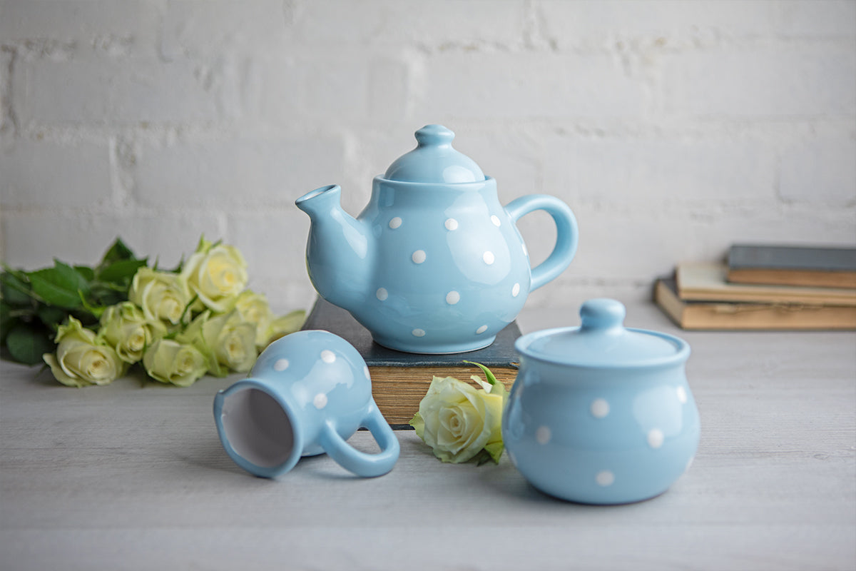 Light Sky Blue and White Polka Dot Pottery Handmade Hand Painted Ceramic Teapot Milk Jug Sugar Bowl Set