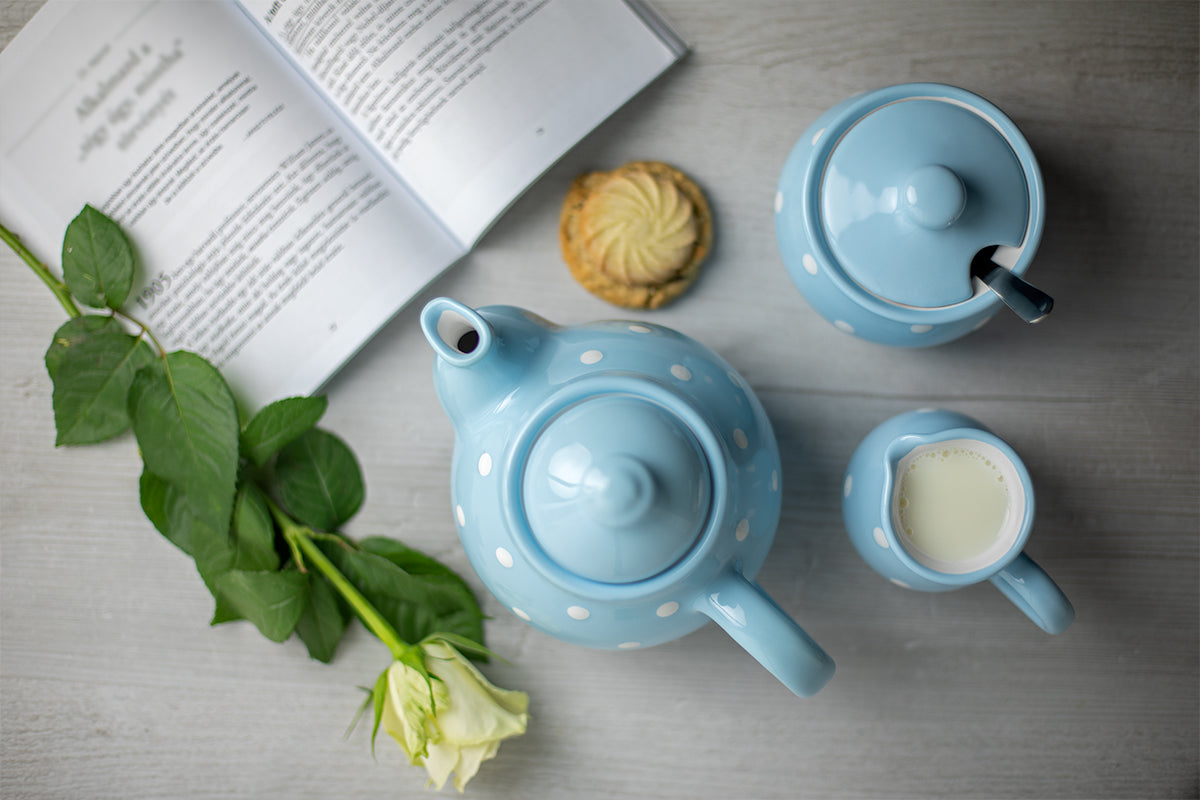 Light Sky Blue and White Polka Dot Pottery Handmade Hand Painted Ceramic Teapot Milk Jug Sugar Bowl Set