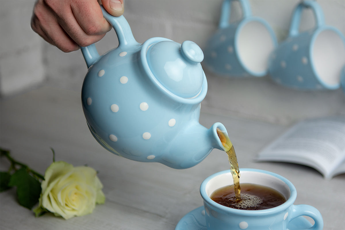 Light Sky Blue and White Polka Dot Pottery Handmade Hand Painted Ceramic Teapot Milk Jug Sugar Bowl Set