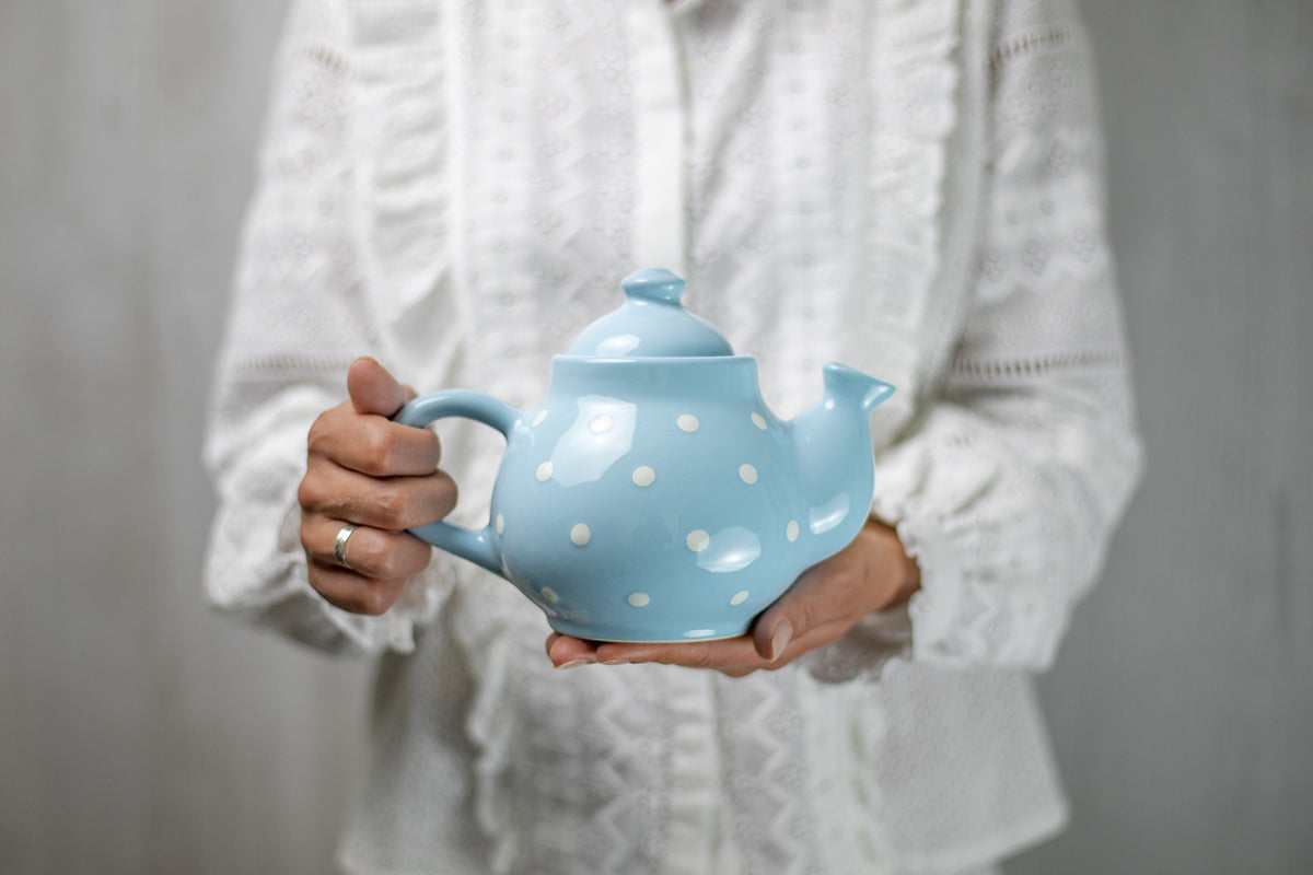 Light Sky Blue and White Polka Dot Pottery Handmade Hand Painted Ceramic Teapot Milk Jug Sugar Bowl Set