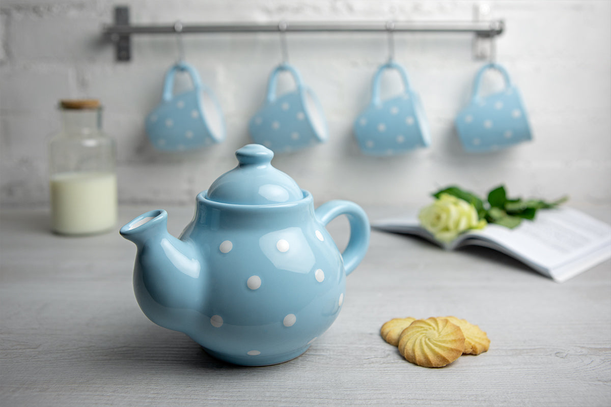 Light Sky Blue and White Polka Dot Pottery Handmade Hand Painted Ceramic Teapot Milk Jug Sugar Bowl Set