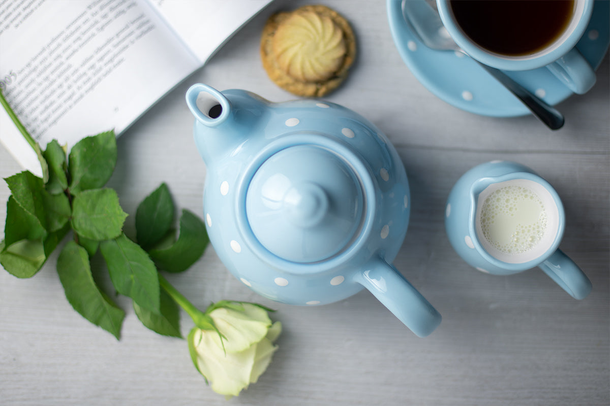 Light Sky Blue and White Polka Dot Pottery Handmade Hand Painted Ceramic 2-3 Cup Teapot 26 oz / 750ml